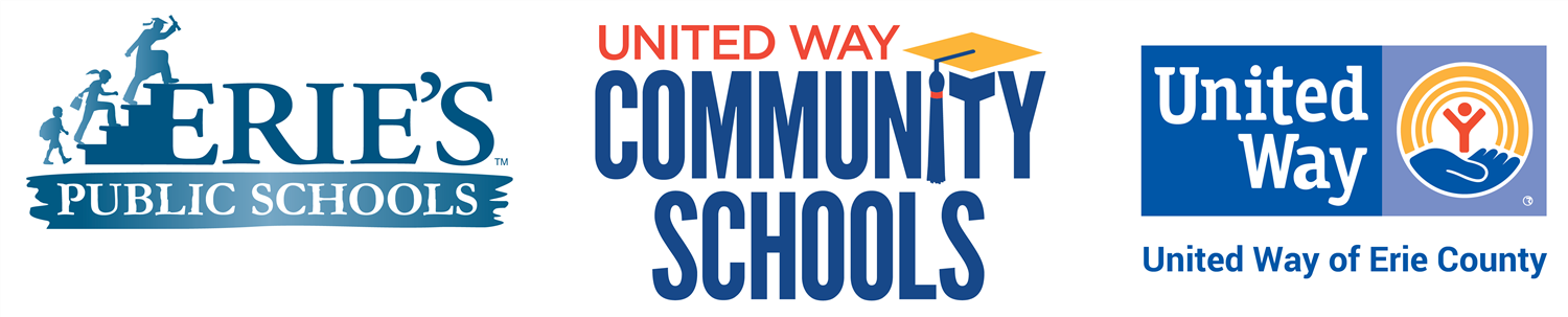 Three logos in a horizontal line: Erie's Public Schools Stairclimber logo, United Way Community Schools logo, UW logo